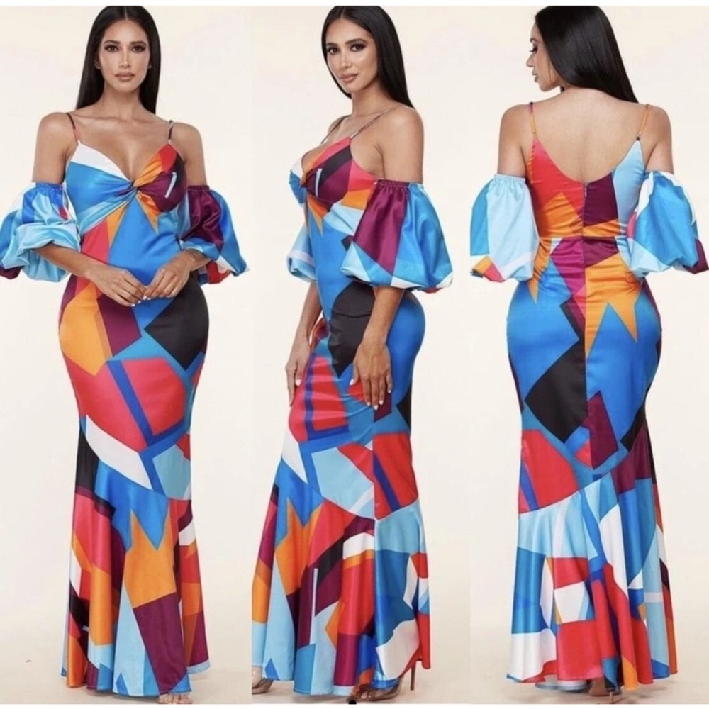 Fashion Nova Colorful Geometric Print Maxi Dress size XS